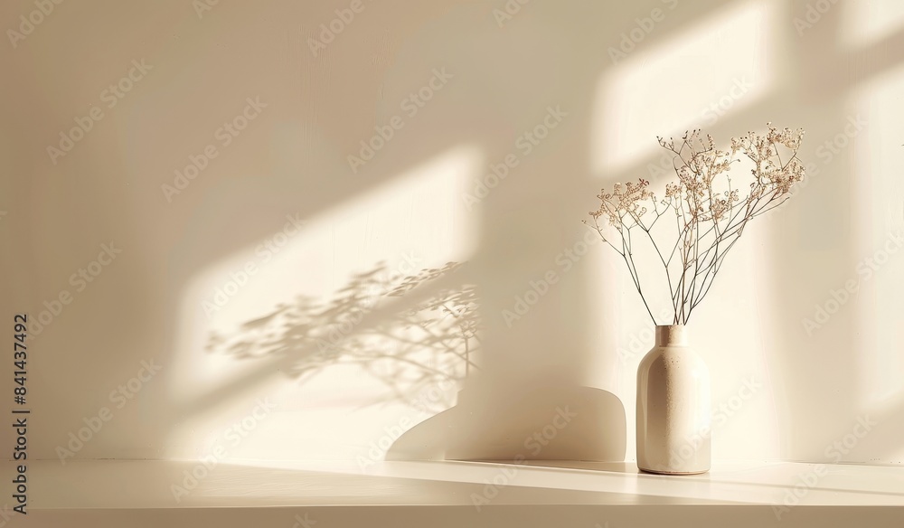Poster incident light from the window is seen on the wall and floor in this minimalist abstract background.