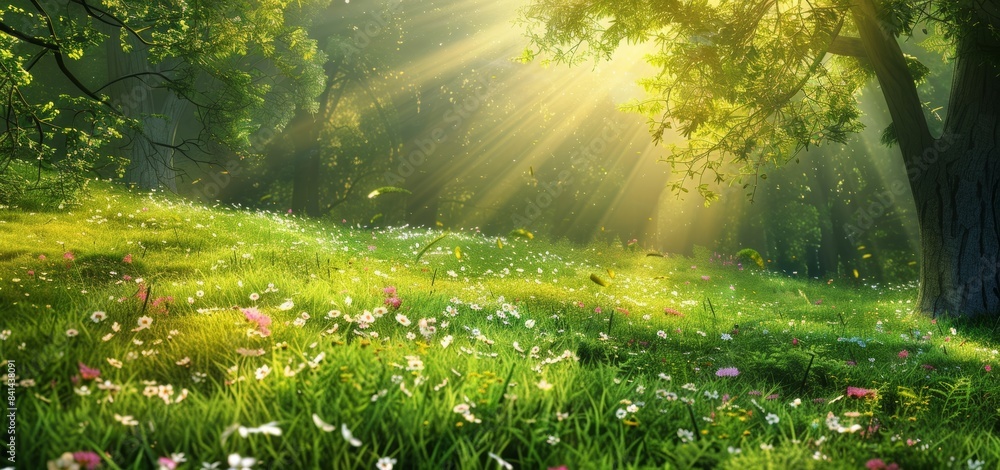 Poster grass lawn in spring with defocused trees of the park in the background, sunlight shining through th