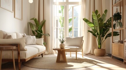 white and brown color interior design with abstract wall and sofa background with green plants with the mirror in the background of the interior 