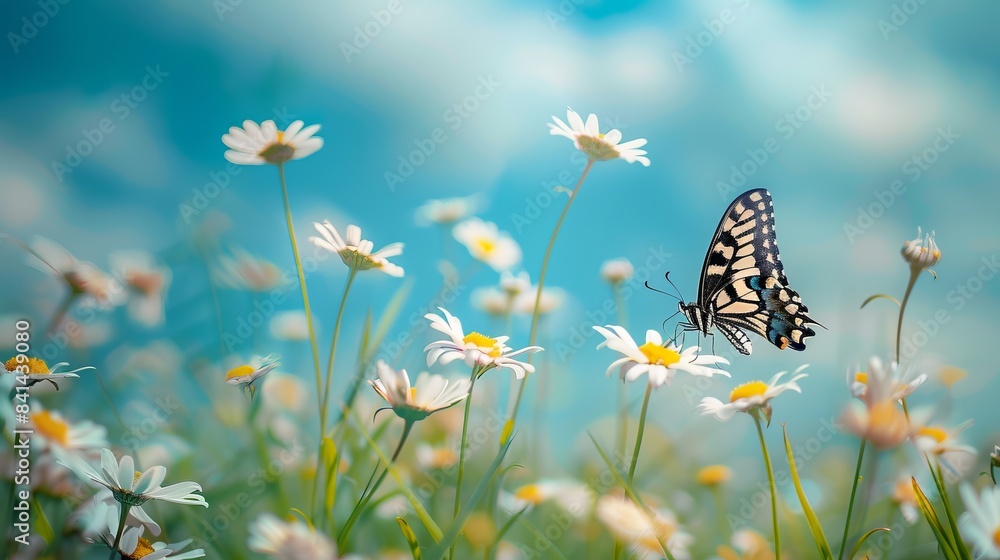 Sticker Beautiful butterfly resting on wild daisy flowers in a serene meadow under a clear blue sky. Perfect for nature-themed digital backgrounds, spring promotions, and calm AI