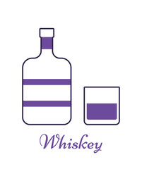 Flat design whiskey bottle and glass. Thin line icons beverages. Outline violet alcoholic drinks with wineglasses isolated on white background. Vector illustration. Linear objects.