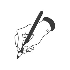 Hand with Pencil Doodle Icon. Hand drawn writing symbol. Artist Painter Writer sign. Isolated vector illustration