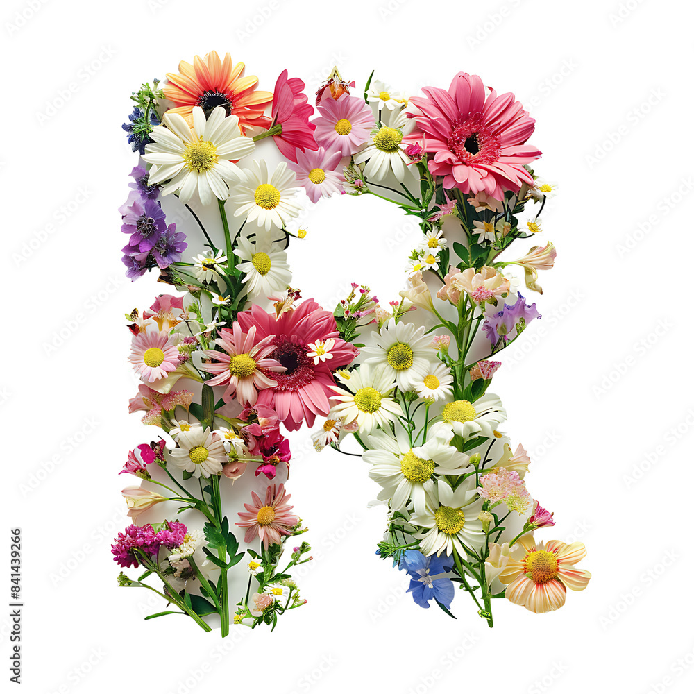 Fototapete elegant shot of text letters r crafted in flowers on a clean, isolated on transparent background