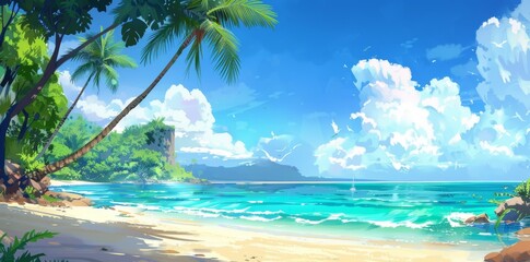 Obraz premium This tropical beach in the Maldives is a tropical paradise with white sand, palm trees, turquoise water and a blue sky with clouds.