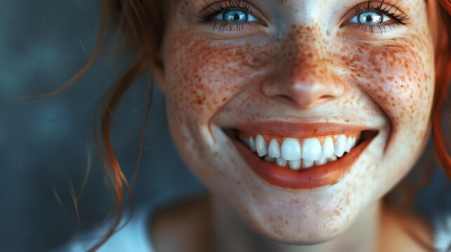 Close-up portrait of a beautiful young woman with freckles on her face. She has a bright smile and her eyes are looking directly at the camera.