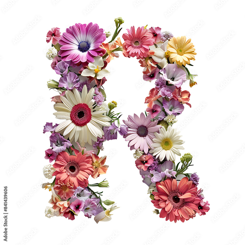Fototapete elegant shot of text letters r crafted in flowers on a clean, isolated on transparent background