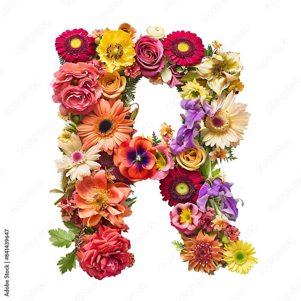 Fototapete elegant shot of text letters r crafted in flowers on a clean, isolated on transparent background