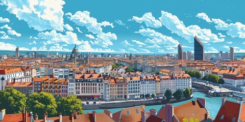 ville de lyon vue du ciel en illustration