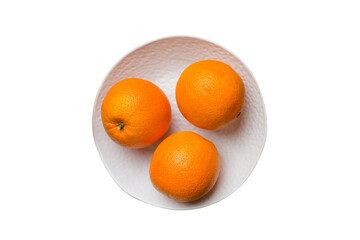 Flat lay of Fresh orange fruit with sliced in plate isolated on white background. Top view with copy space