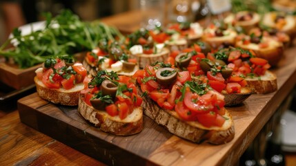 Wooden table displaying crostini topped with tomato mozzarella and olives