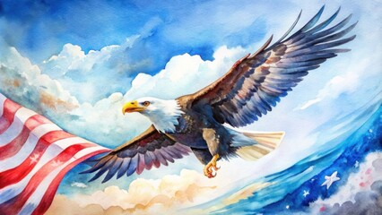 Bald eagle with American flag backdrop