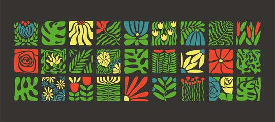 Acid abstract contemporary floral elements, pop art nature tiles for design, banners, printable. Fashion modern flower decor, funny racy vector plant