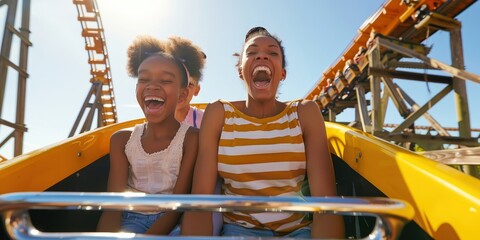 Two young girls are riding a roller coaster. They are both smiling and appear to be enjoying themselves. The roller coaster is made of metal and has red and yellow tracks.