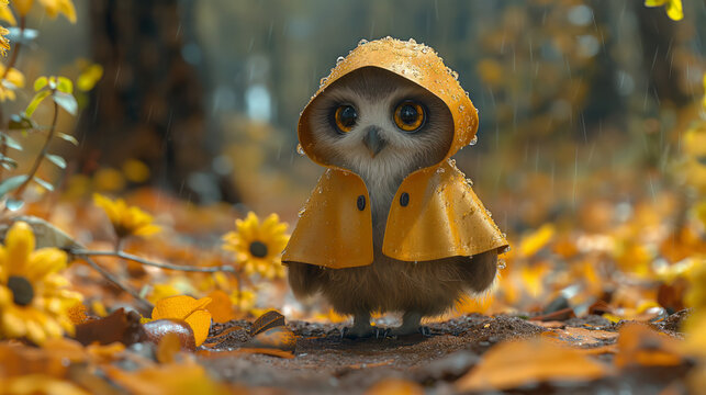 Charming 3D rendering a cute owl sports a raincoat, bringing joy to the scene