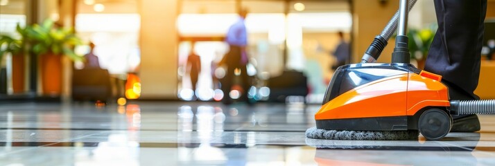 Professional cleaners using vacuum in spacious office with employees in background