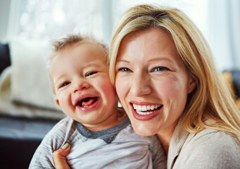 Baby, mother and laugh in house with hug or happiness for motherhood, growth or wellness of child. Toddler, woman and excited in home for support, care and bonding together with love, smile and relax