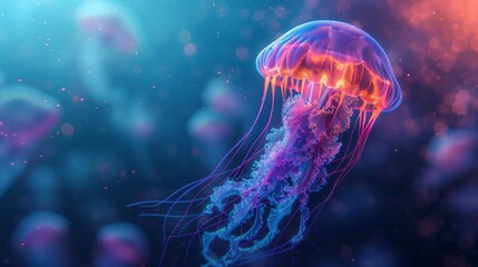 Naklejka premium Glowing Jellyfish Floating in Deep Ocean with Colorful Bioluminescent Tentacles, Peaceful Underwater Scene, and Marine Wildlife