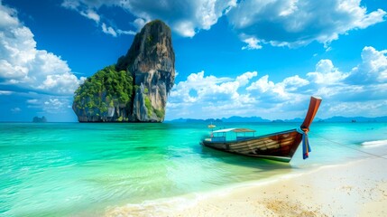 Obraz premium Scenic tropical beach with clear blue waters and traditional boat. Stunning scenery of azure sea and towering limestone cliff. Ideal for travel and summer theme. Serene and peaceful shoreline. AI
