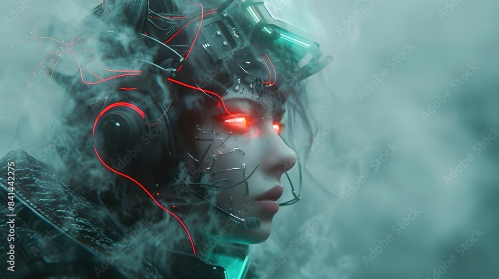 Poster cybernetic female portrait with neon-infused cyborg body and glowing led eyes