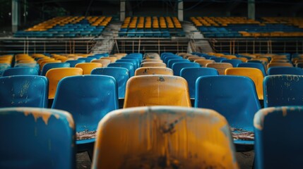 Naklejka premium School stadium with vacant blue and yellow seats
