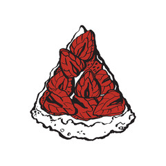 Traditional strawberry pie sketch. Homemade strawberry tart drawing. Piece of pie top view. Sweet bakery.Vector illustration on white background.