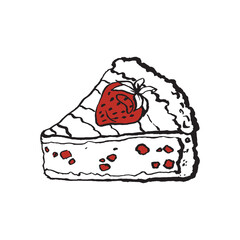 Vector strawberry cheesecake dessert illustration sketch. Delicious triangle cake piece with strawberries on top. Illustration for cafe, restaurant, packaging.