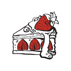 Vector strawberry cake illustration sketch. Delicious triangle cake piece with strawberry filling. Summer dessert, illustration for cafe advertising, packaging.