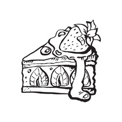 Vector strawberry cake illustration sketch. Delicious triangle cake piece with strawberry filling. Summer dessert, illustration for cafe advertising, packaging.