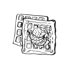 Vector illustration of Belgian waffles with syrup and strawberries. A simple sketch on a white background. Restaurant menu, cafe, packaging.