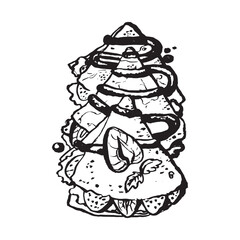 Sweet thin Crepes with syrup and strawberries. View from above. Vector illustration on a white background. Russian pancakes or French crepes sketch. A picture for a restaurant menu, packaging, cafe.