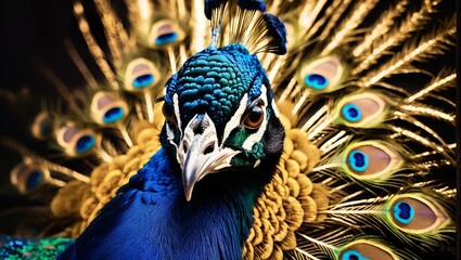peacock feather and feathers gold accents, large close-up of a peacock face © buddhika