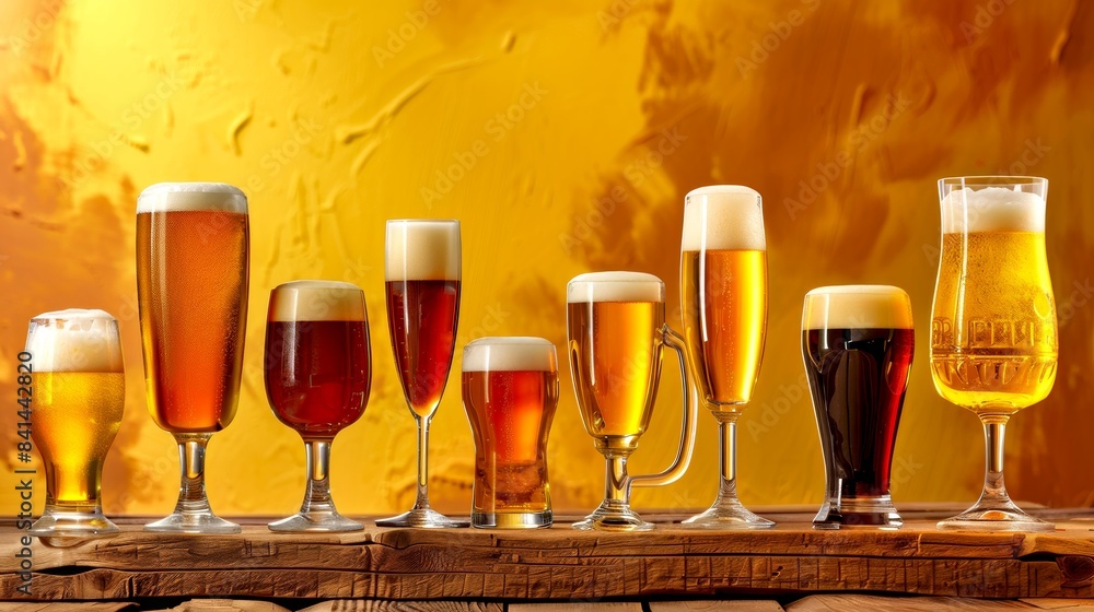 Poster assorted styles of beer in different glasses on wooden table. beverage collection featuring various 