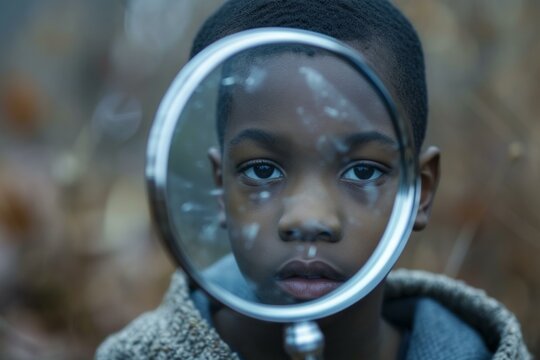 Active Black boy looking magnifier. Education experiment. Generate Ai