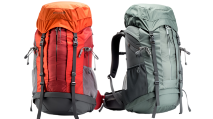 Pair of hiking tourist backpacks isolated on transparent png background.
