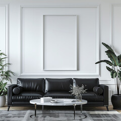 Chic Black Leather Sofa and White Wall Frame Mockup in a Modern Living Room Setting