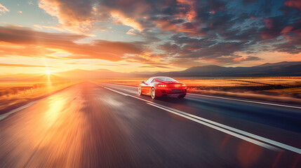 Obraz premium A fiery orange sports car races against the sunrise on a deserted country road,