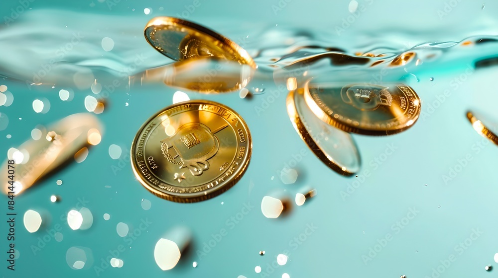 Poster golden bitcoins floating underwater. abstract financial concept image with crypto coins in motion. p