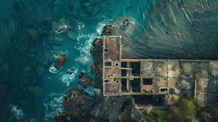 Aerial view of an old abandoned waterfront warehouse - Powered by Adobe