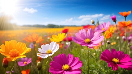 colourful cosmos flowers meadow in summer spring