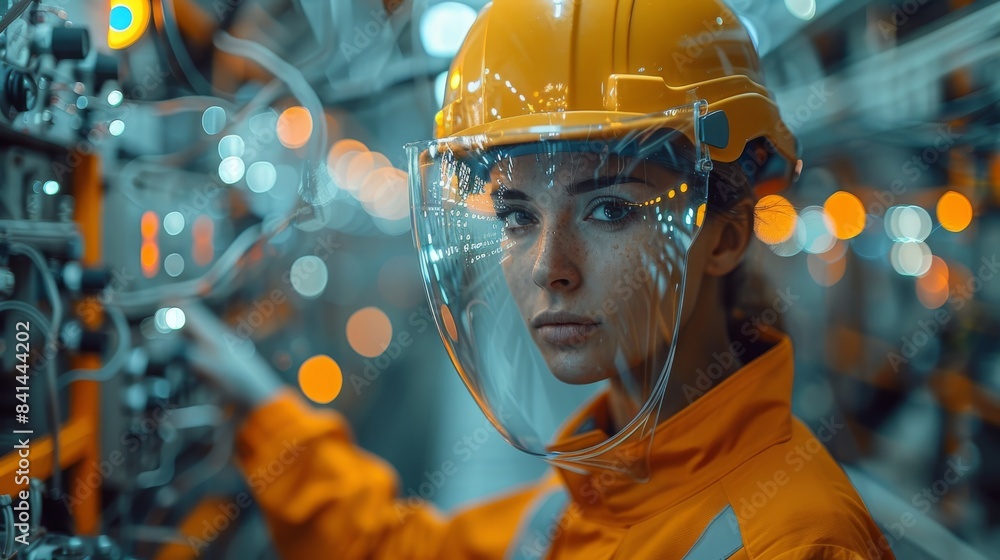 Poster engineer uses artificial intelligence on the construction site with humans controlling the work of t