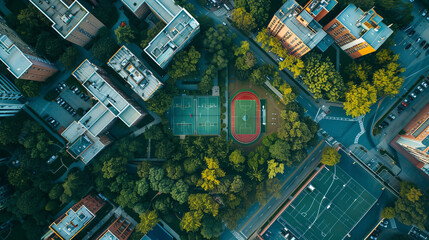Aerial view of city buildings and sports courts surrounded by greenery