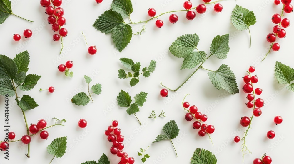 Wall mural red currants and green leaves arrangement on a white backdrop - Wall murals