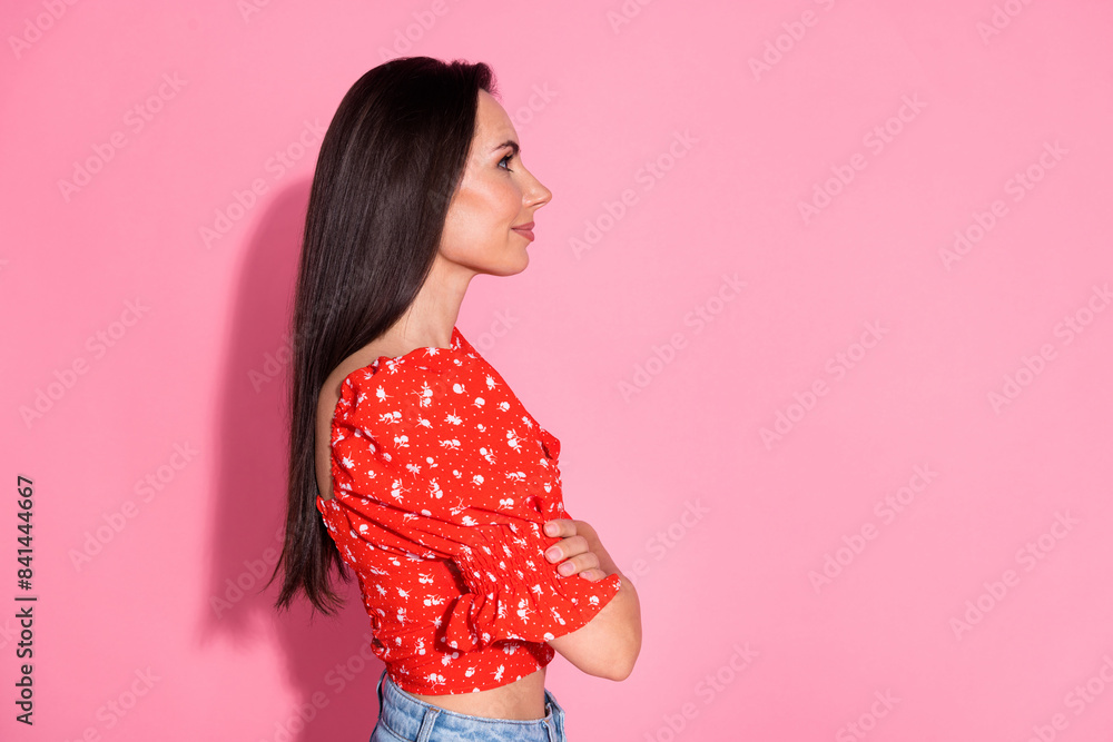 Sticker profile photo of pretty young woman look empty space wear top isolated on pink color background