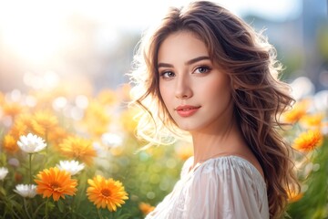 Naklejka premium portrait happy woman smiling with flowers summer spring outdoors