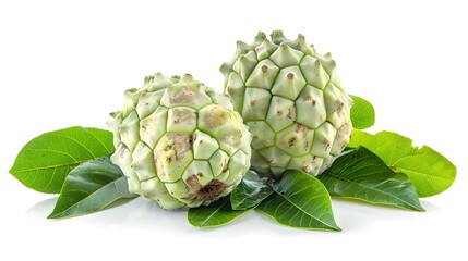 Obraz premium Fresh cherimoya fruit with green leaves on white background. Perfect for healthy food concepts. This image features bright colors and high detail for food stock photography. AI