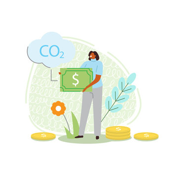 Vector illustration in the style of flater by a girl holding money in her hands and indicating electricity saving and caring for the environment.