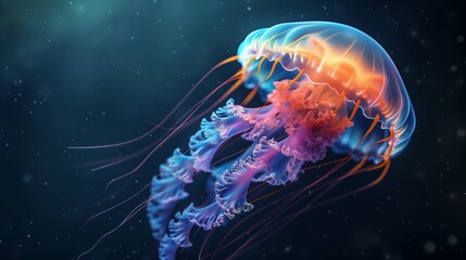 Naklejka premium Glowing Jellyfish Drifting in Deep Blue Ocean, Colorful Bioluminescent Tentacles, Peaceful Underwater Scene, and Marine Life