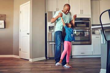 Dance, balance and father with girl in home for bonding, relationship and fun together on weekend....
