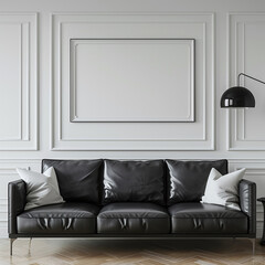 Fototapeta premium Sophisticated Black Leather Couch with White Cushions Frame Mockup in Decorative Molded Wall Interior