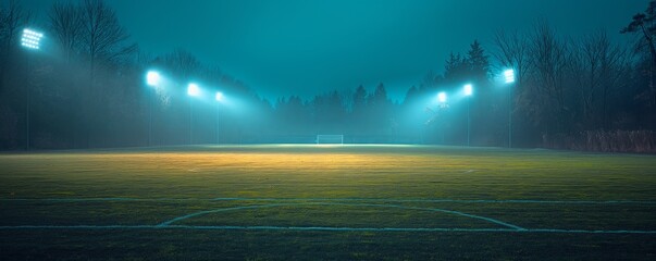Empty soccer field with night lights and trees